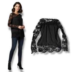Romantic Black Lace Trim Long Sleeve Blouse - Cottagecore Dark Academia Size XL